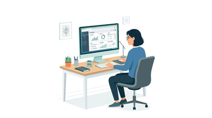 Fototapeta premium Businesswoman Working at Desk, Analyzing Data on Monitor