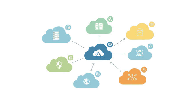 Minimalist flat illustration depicting interconnected blue and green c