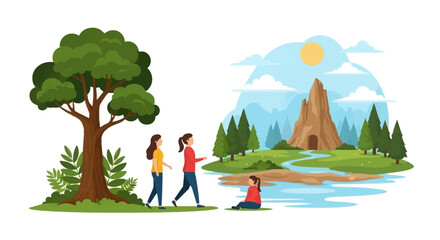 Obraz premium Family enjoying nature walk by a scenic mountain river
