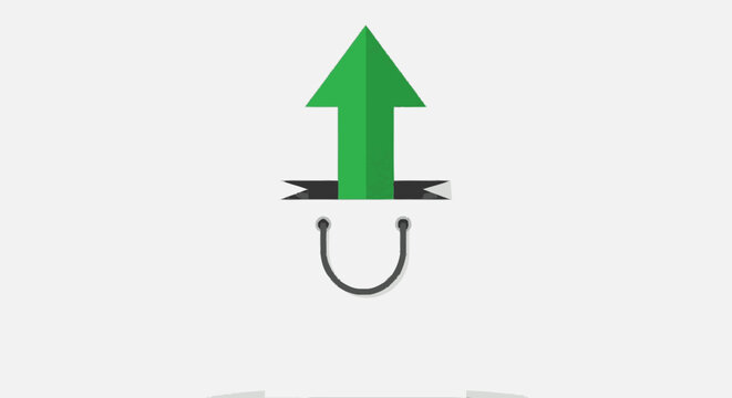 Minimalist graphic illustration featuring an upward-pointing green tri