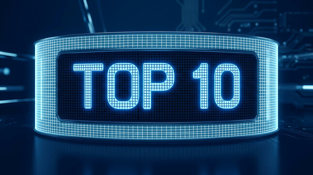 Futuristic Digital Neon Blue LED Screen Displaying Top 10 Ranking List Symbol Background