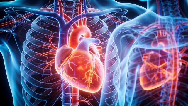 Ribs revealing glowing heart pulsing, showing coronaries for clinical medical education