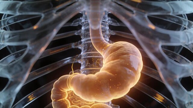 Shifting camera revealing stomach and duodenum moving beneath ribs, showing peristalsis with dots