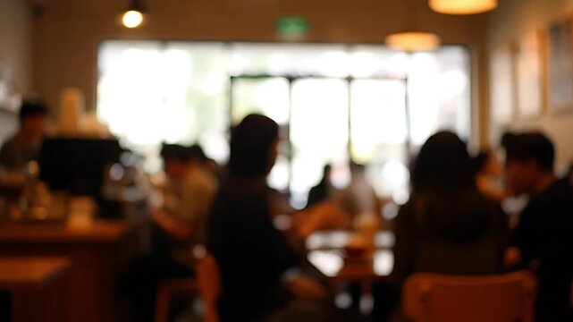 A busy caf� atmosphere with blurred figures enjoying conversations.