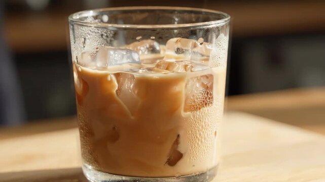Creamy iced coffee beverage in glass filled with ice cubes, showcasing condensation, perfect refreshment for warm days and hot summer moments