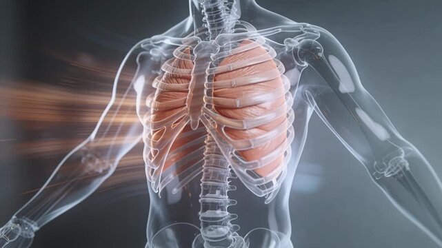 Glowing starting at right lower ribs, 3D torso pulsing intercostals, simulating breathing
