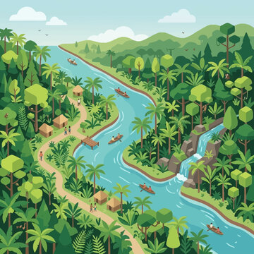 The tropical river delta riverbank features a lush green tropical forest and palm trees
