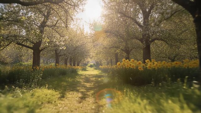 Pushing camera moving forward showing center path flanked by rows, sun flare on yellow daffodils