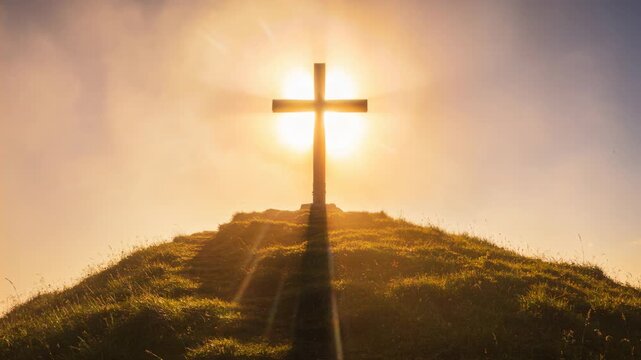 Casting shifting lens flares, sun behind wooden cross brightening grassy hilltop and mound