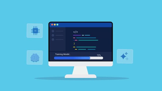 Animated flat vector illustration of a desktop monitor displaying software code with artificial intelligence and machine learning icons. Modern AI technology, automation, and smart software developmen