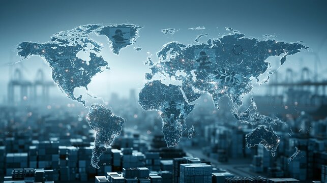 World map with shipping routes reopening, military de-escalation icons fading into olive branches, stacked crates and container port cranes in the background, cool blue light, strategic geopolitics