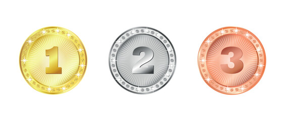  Gold, silver, and bronze medals with the numbers 1, 2, and 3. Award icons for first, second, and third place. Winners' podium symbols. Realistic vector illustration © Iuliana