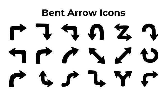 Set of twelve stylized bent arrow icons in black line art, isolated on white background for graphic design use.