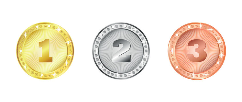 
Gold, silver, and bronze medals with the numbers 1, 2, and 3. Award icons for first, second, and third place. Winners' podium symbols. Realistic vector illustration