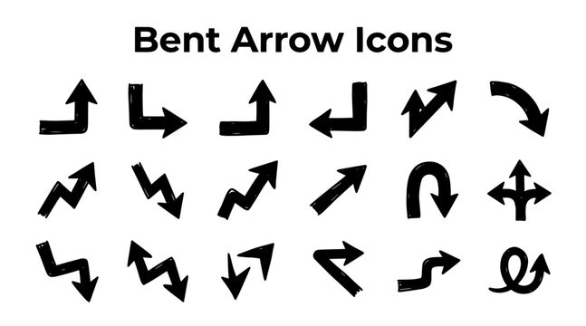 Set of 16 simple, hand-drawn bent arrow icons in various directions and angles for design projects.
