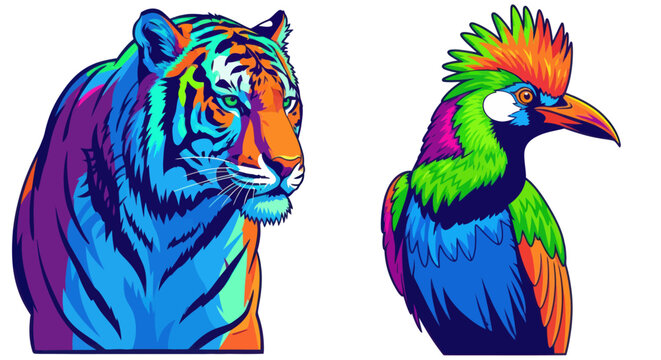 Colorful tiger pop art vector illustration, vibrant neon WPAP style wild cat portrait isolated on white