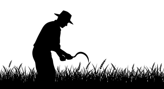 Silhouette of a farmer harvesting wheat with a sickle in a field.