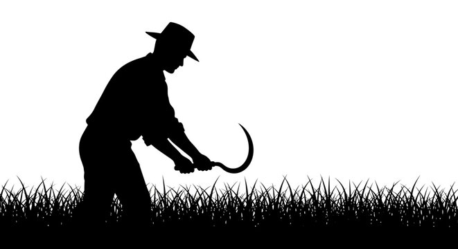 Silhouette of a farmer harvesting with a sickle in a field.