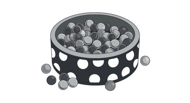Monochrome ball pit illustration with grey and black balls in a polka dot pool on a white background