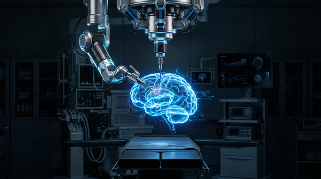 Futuristic robotic surgical arm operating on a glowing 3D holographic human brain, advanced neurosurgery technology concept.