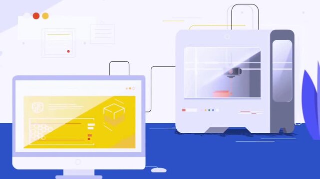 2D Animation of Modern 3D Printer Working Connected to Computer Monitor, Manufacturing Technology and Prototyping Concept