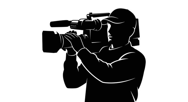 Silhouette of a professional cameraman operating a video camera.