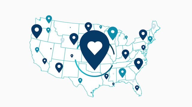 2D Animation of United States Map with Pin Pointers and Heart Icon, National Delivery Logistics and Nationwide Coverage Concept