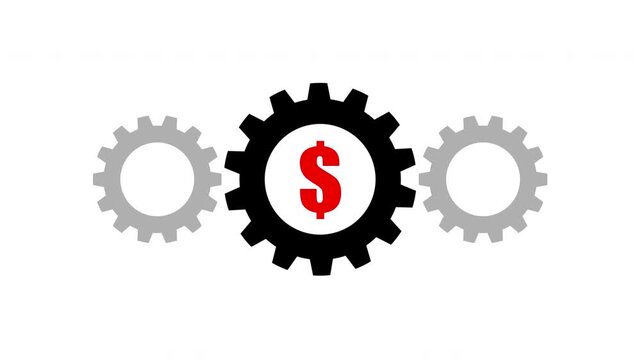 Animation of three interlocking gears with a red dollar sign in the center representing financial mechanisms, business growth, and economic efficiency on a white background