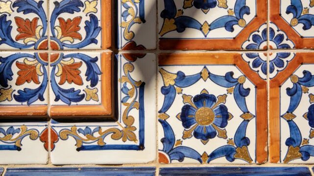 Shifting camera framing glazed tiles with floral motifs, inset tile left, sunlight moving shadow