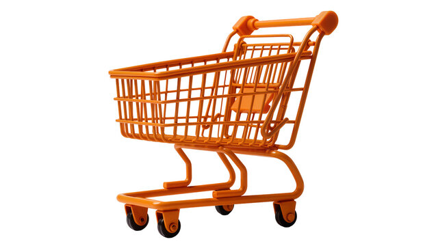 Bright orange metal shopping cart with basket and wheels, isolated on transparent background