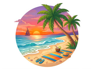 Obraz premium Tropical beach sunset with palm trees and sailboat isolated on transparent background