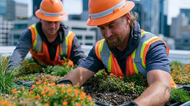 rooftop garden installation crew fits modular tray systems carrying heat-absorbing vegetation across a flat commercial rooftop, urban skyline stretching behind the candid unposed moment as green inf