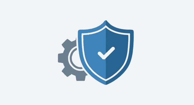 Partial minimalist flat illustration of a blue shield overlapping a gr