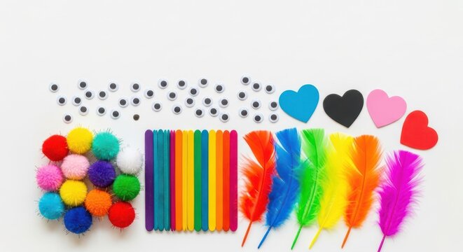 Craft supplies with googly eyes, pom poms, popsicle sticks, feathers and hearts isolated on white background
