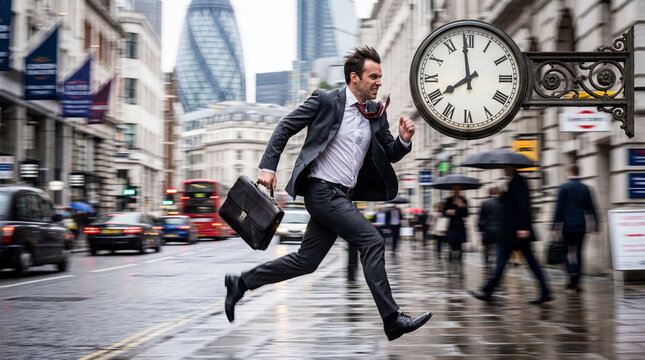 Businessman in a suit sprinting through a rainy London street beside a large vintage clock, carrying a briefcase, with motion blur and wet pavement, symbolizing deadline pressure, urgency, and time.