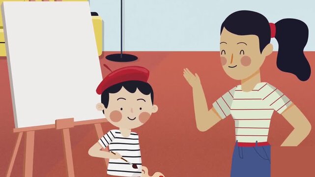 2D Animation of Mother Painting on Canvas with Her Artist Son, Creative Art Education and Family Quality Time