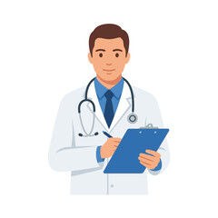 Fototapeta premium A professional doctor checks notes on a blue clipboard