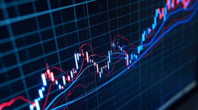 Stock market chart shows rising trends with blue and red lines on black background during trading session