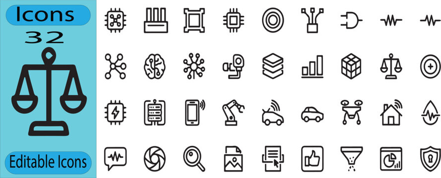 Editable smart technology line icons set featuring AI, automation, analytics, security and connected digital systems