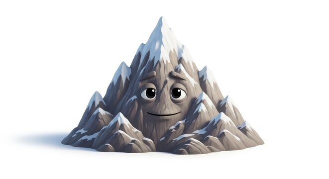 Cartoon mountain with snow and a smiling face isolated on white background