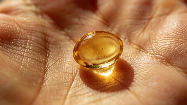 Warm light casting glint and crisp shadow while palm holding golden softgel capsule showing bubbles