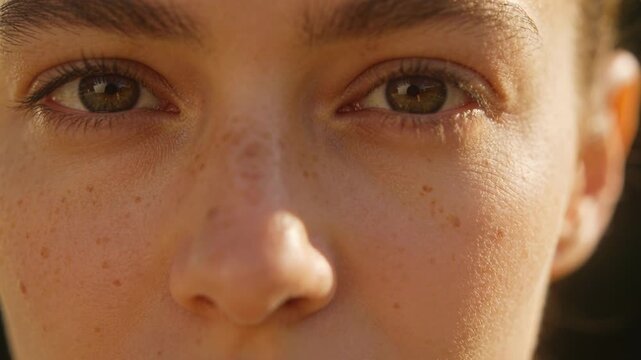 Holding steady gaze after camera framing, adult woman blinking once under golden sun, portrait