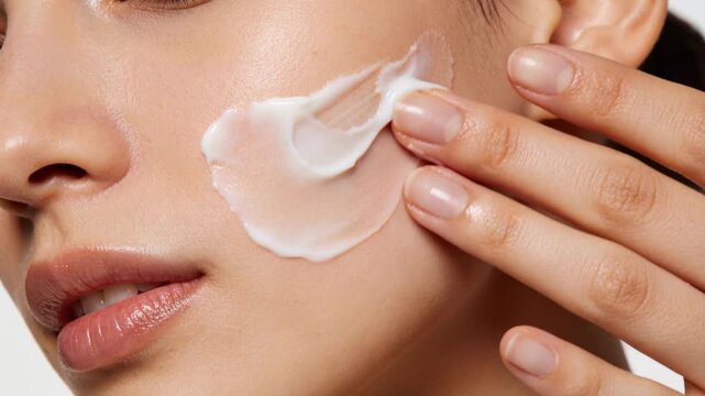 Spreading model's right fingers contacting cream on cheek in studio, blending for hydrated glow