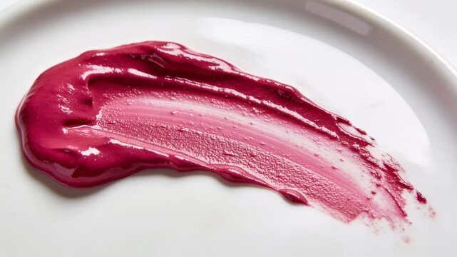 Making contact gold makeup brush smoothing magenta cream on white plate, forming glossy crescent