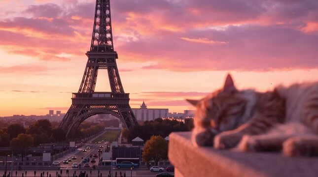 Cat sleeps peacefully on a ledge in Paris at sunset with the Eiffel Tower in view