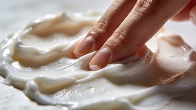 Touching adult fingertips pressing into countertop cream, probing texture and creating soft ridges
