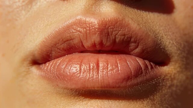 Cam holding focus on woman lips, capturing microshifts in closeup with philtrum fine hairs warmlit