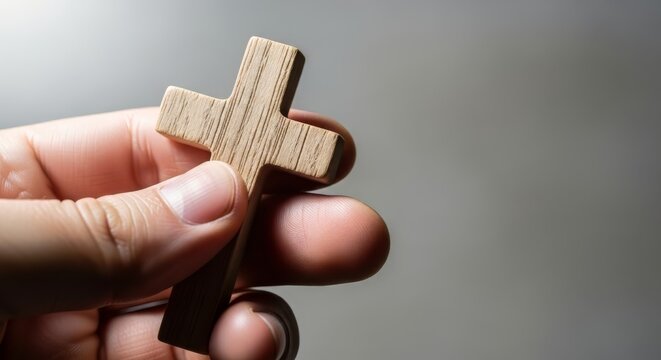Close up of a hand holding a small wooden cross. Person praying with a Christian religious symbol. Copy space for text