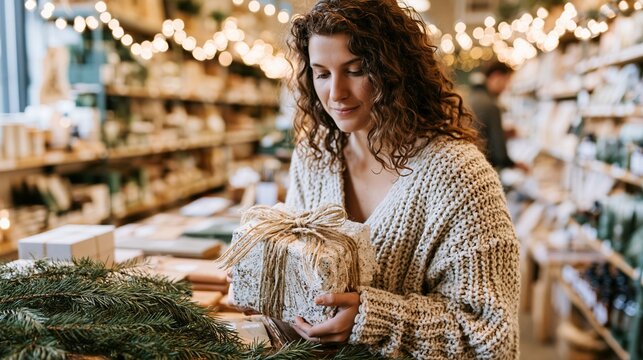 Thoughtful holiday shopper comparing a single handcrafted gift with textured wrapping, natural ribbon, and artisan paper in a cozy store aisle; pine sprigs, warm string lights, and careful selection