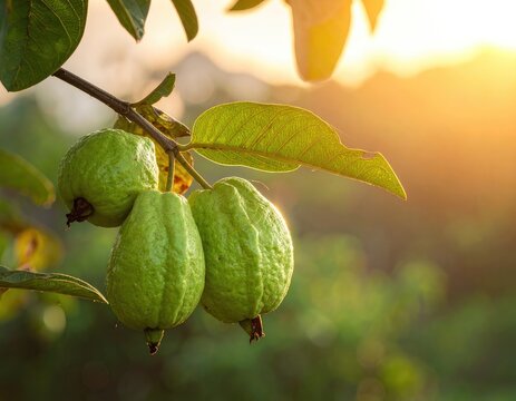 Green fruit hanging from branch in golden sunset light